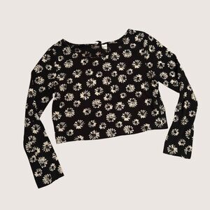H&M Divided Black Floral Long Sleeve Crop Top 90s Style Daisy Large